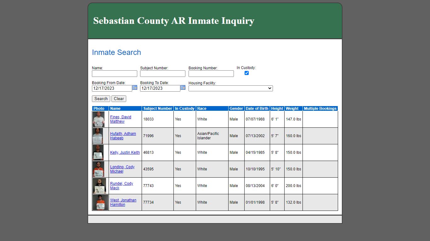 Inmate Search - Sebastian County, Arkansas