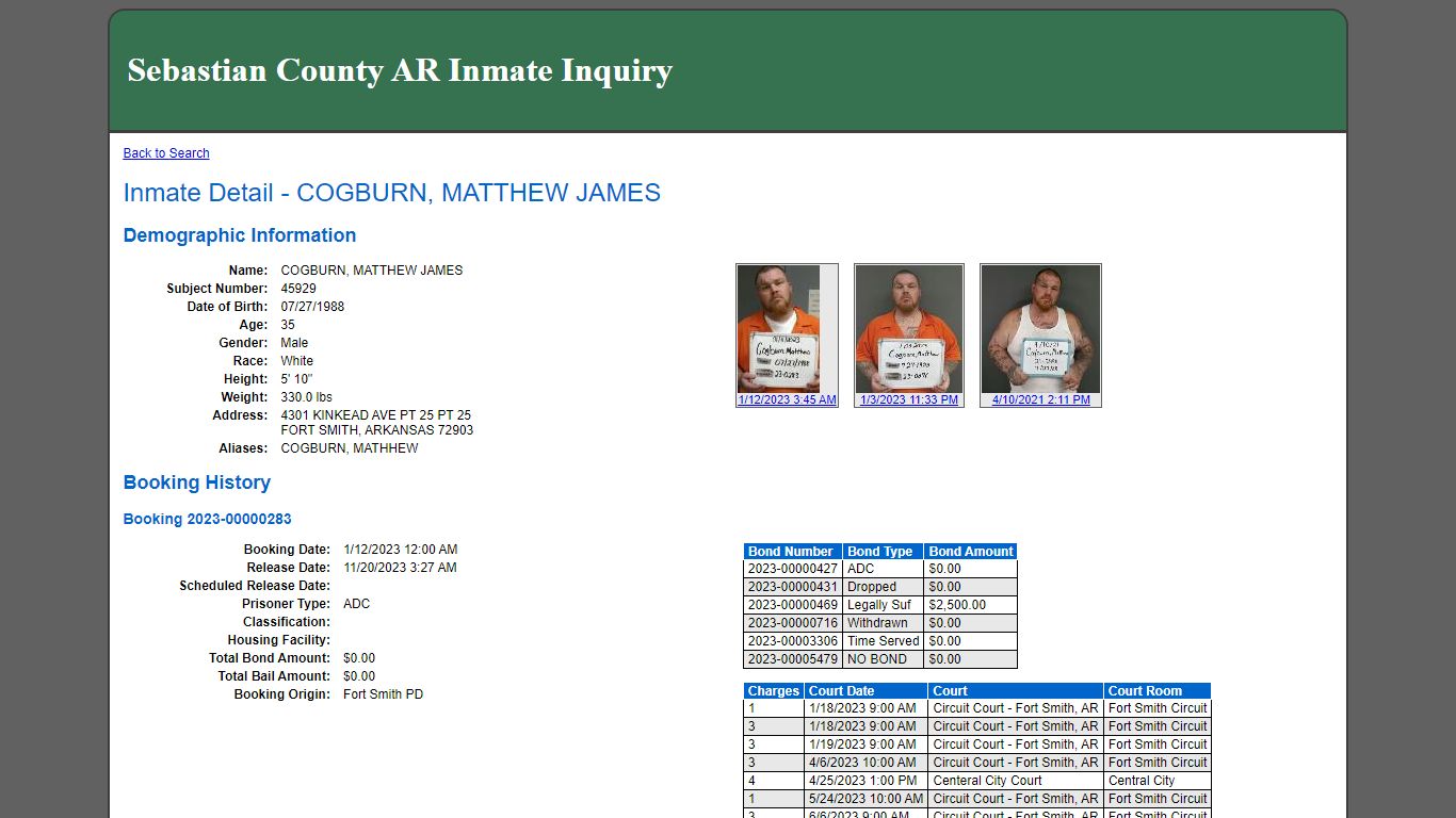 Inmate Detail - COGBURN, MATTHEW JAMES - Sebastian County, Arkansas