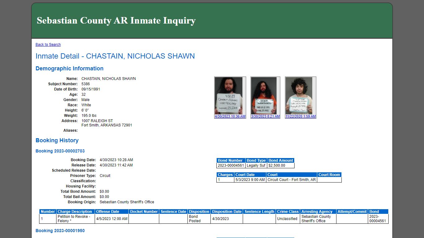 Inmate Detail - CHASTAIN, NICHOLAS SHAWN - Sebastian County, Arkansas